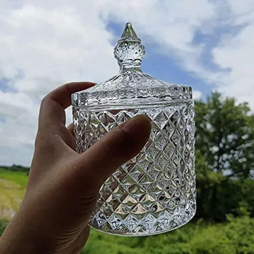 Delisoga Glass Candy Jar 350ml Airtight Kitchen Storage Container with Diamond Cut Design