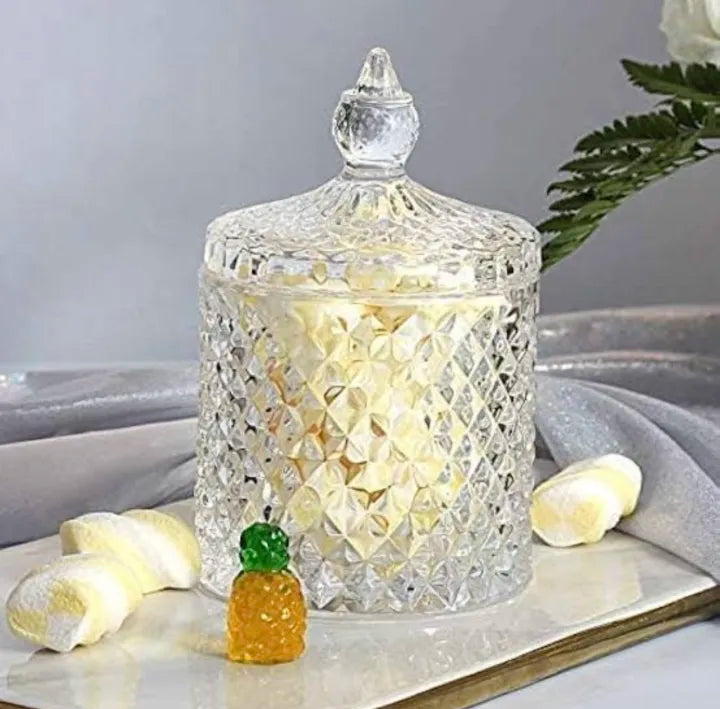 Delisoga Glass Candy Jar 350ml Airtight Kitchen Storage Container with Diamond Cut Design