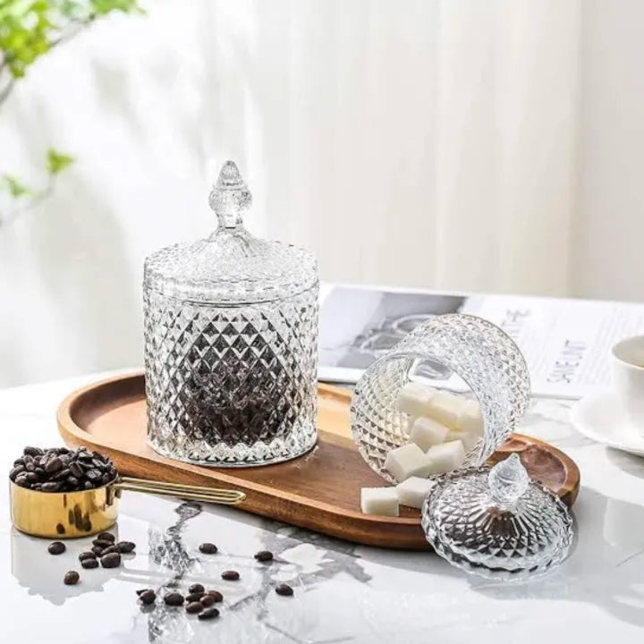 Delisoga Glass Candy Jar 350ml Airtight Kitchen Storage Container with Diamond Cut Design