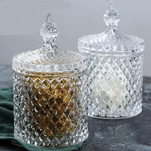 Delisoga Glass Candy Jar 350ml Airtight Kitchen Storage Container with Diamond Cut Design