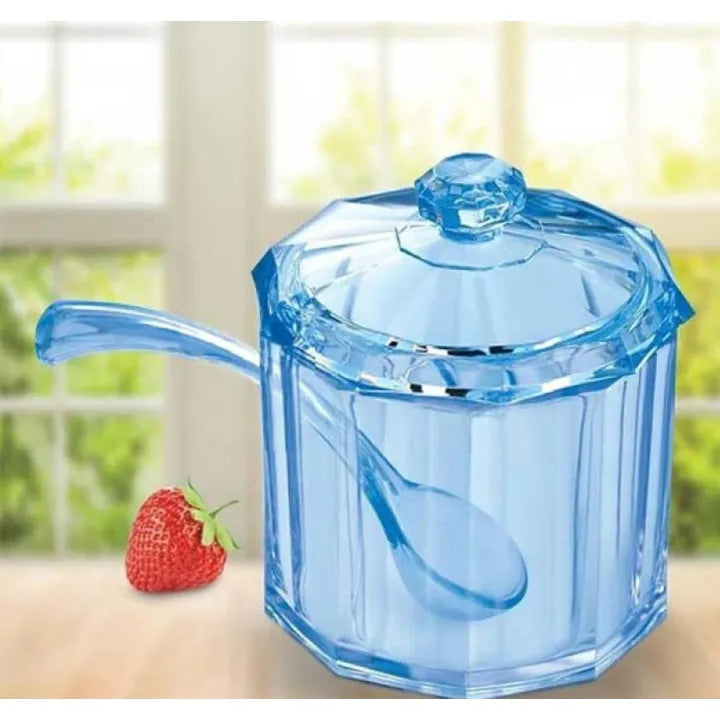 Crystal Glass Sugar Pot with Spoon Diamond Design 300ml Storage Jar
