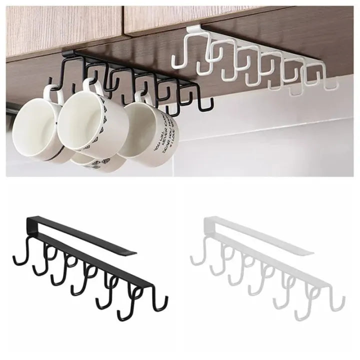 Under Cabinet Cup Holder Rack with 10 Hooks – Space Saving Metal Organizer for Kitchen