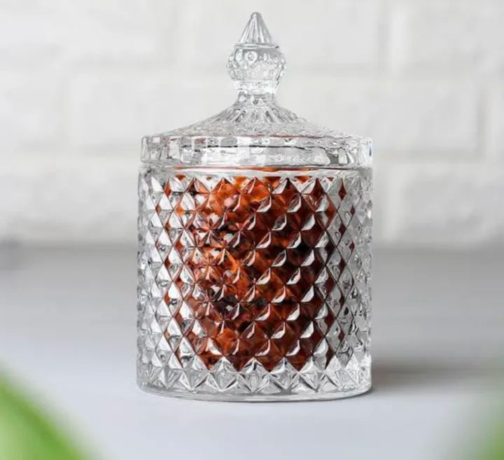 Delisoga Glass Candy Jar 350ml Airtight Kitchen Storage Container with Diamond Cut Design