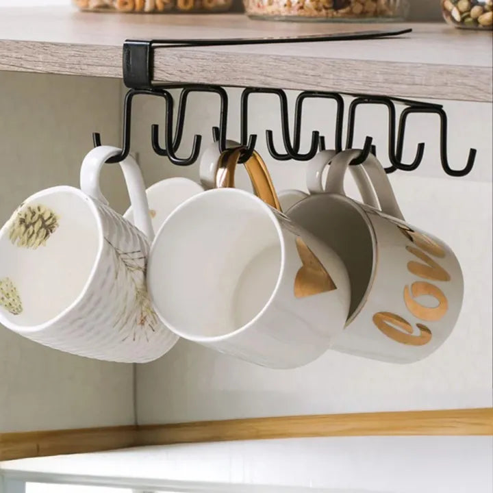 Under Cabinet Cup Holder Rack with 10 Hooks – Space Saving Metal Organizer for Kitchen