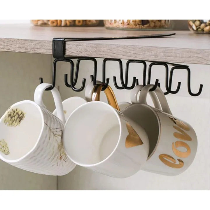 Under Cabinet Cup Holder Rack with 10 Hooks – Space Saving Metal Organizer for Kitchen
