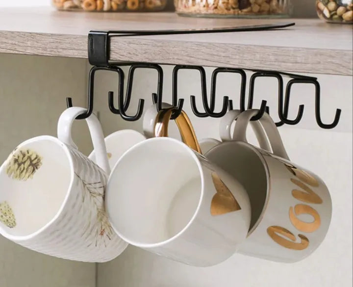 Under Cabinet Cup Holder Rack with 10 Hooks – Space Saving Metal Organizer for Kitchen