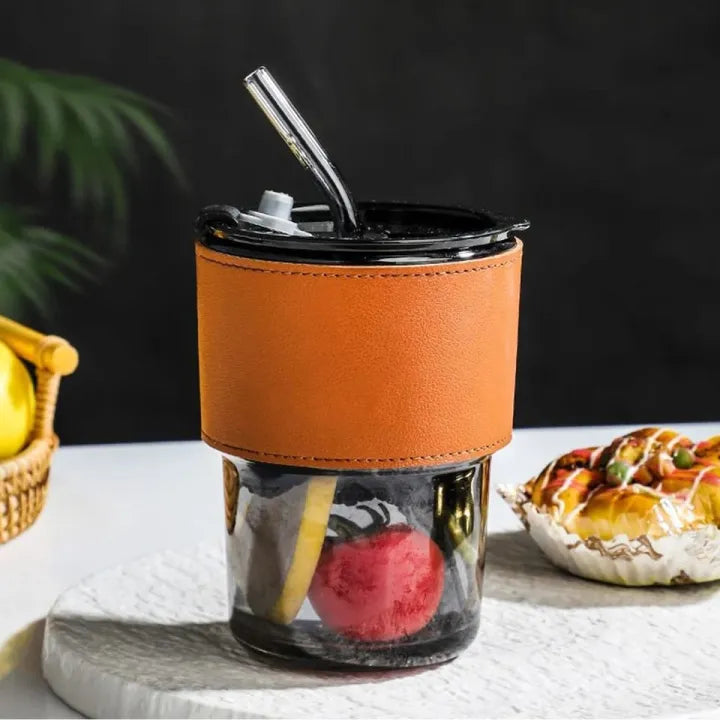 Glass Tumbler with Straw, Lid & Leather Sleeve, Masson Jars Slub Glass Reusable Eco Friendly Glass Coffee Mug Tea Mug Tumbler
