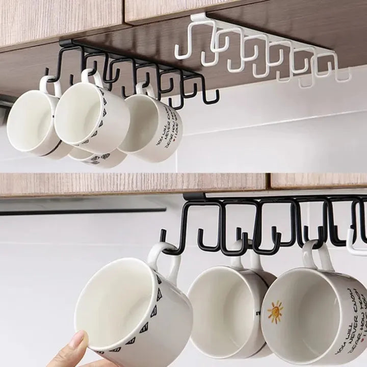 Under Cabinet Cup Holder Rack with 10 Hooks – Space Saving Metal Organizer for Kitchen