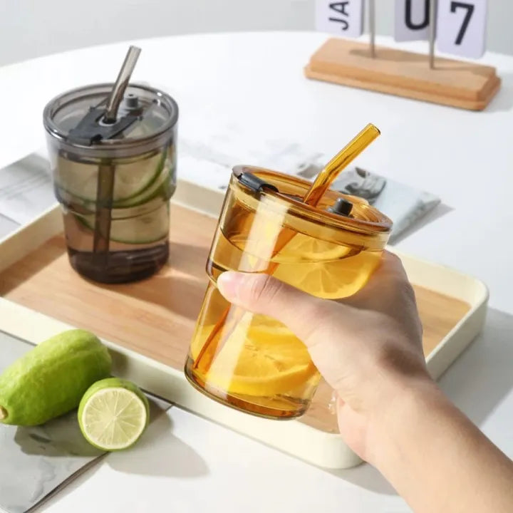 Glass Tumbler with Straw, Lid & Leather Sleeve, Masson Jars Slub Glass Reusable Eco Friendly Glass Coffee Mug Tea Mug Tumbler